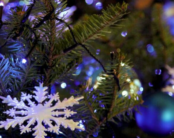 A white, plastic snowflake ornament in an illuminated Christmas tree.