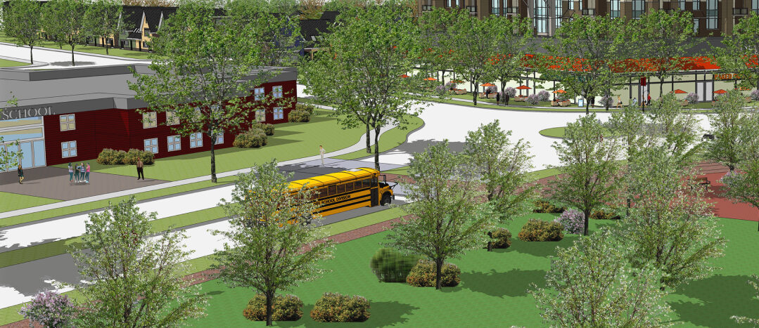 A rendering of a school bus driving through Wolf Willow.