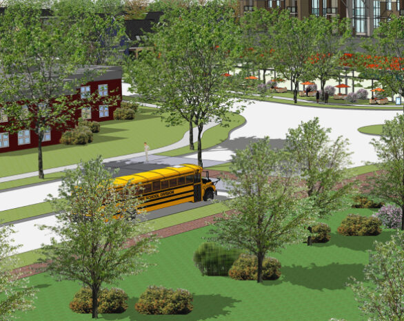A rendering of a school bus driving through Wolf Willow.