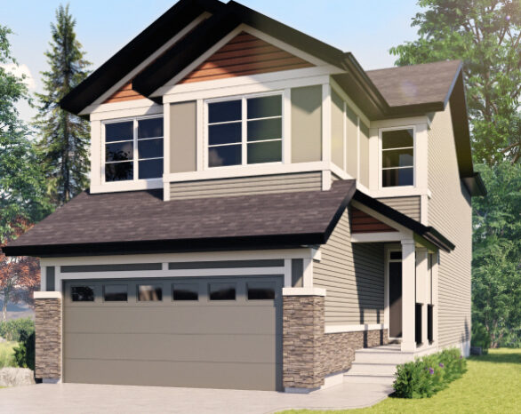 Rendering of a front garage home with grey siding in Wolf Willow.