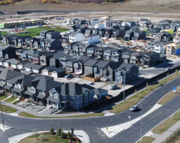 An arial photo of new homes in Wolf Willow, southeast Calgary.