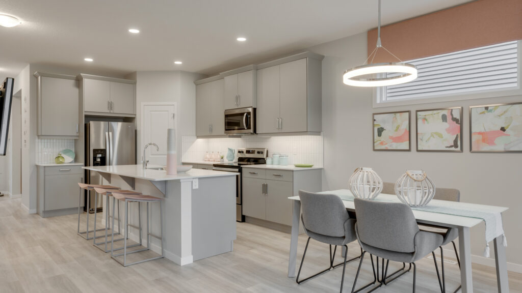 open concept kitchen with light grey and white accents