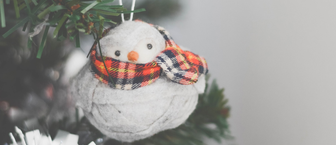 Christmas ornament of a bird wearing a red and black scarf.