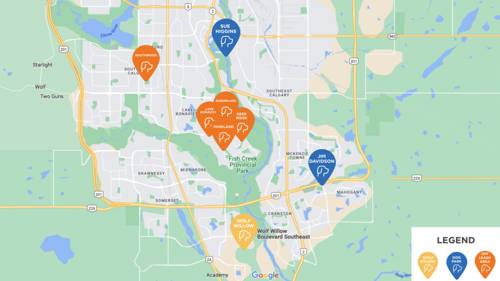 map of dog parks and off leash areas near wolf willow