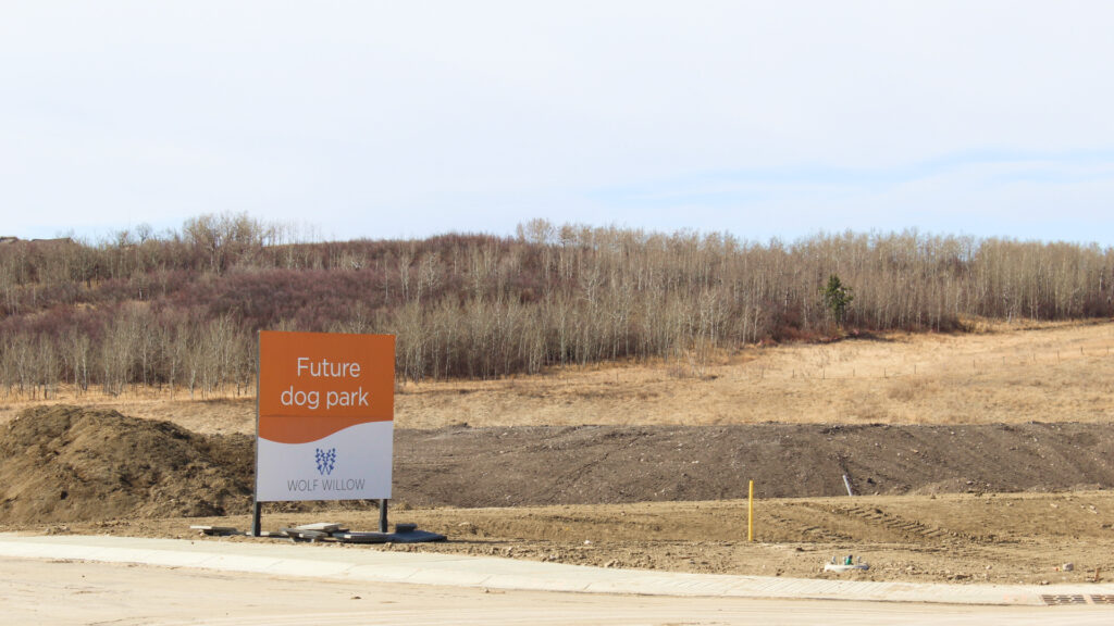 sign in a construction site in wolf willow that says "future dog park"