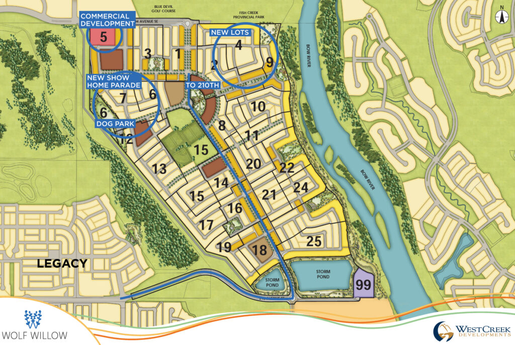 map of wolf willow with the new areas of construction indicated with circles and labels