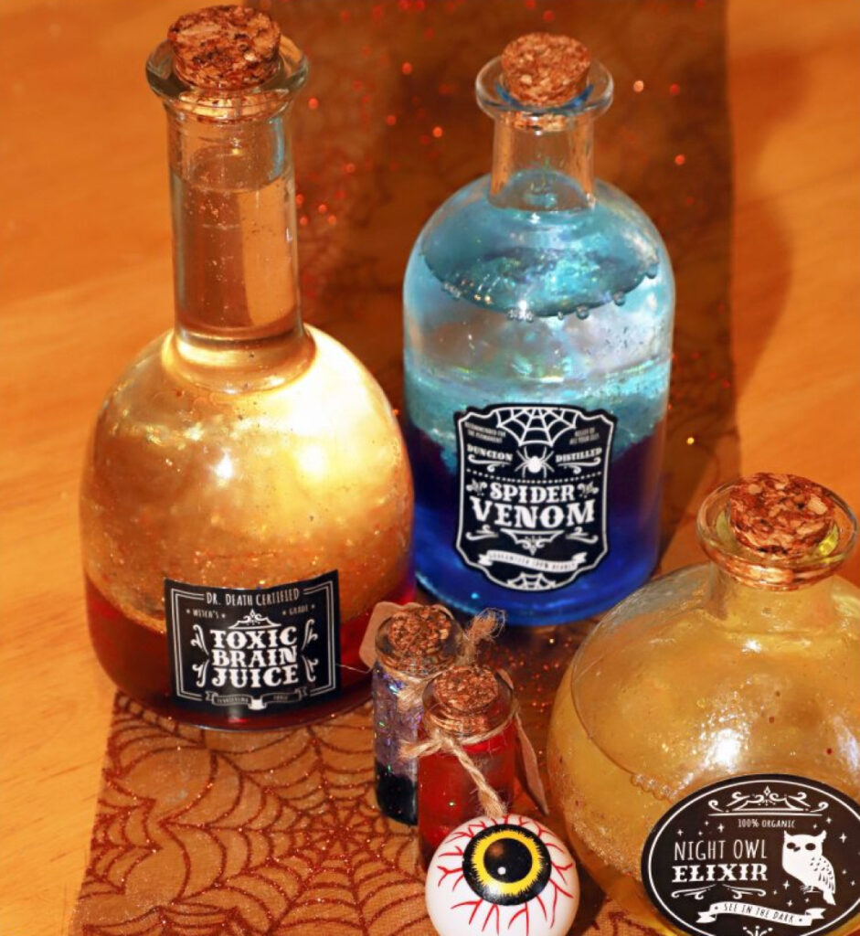 diy homemade potion bottles with spooky themed labels